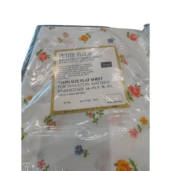 NOS Vintage Sears Perma Press Fine Muslin Twin Flat & Fitted Sheets Floral